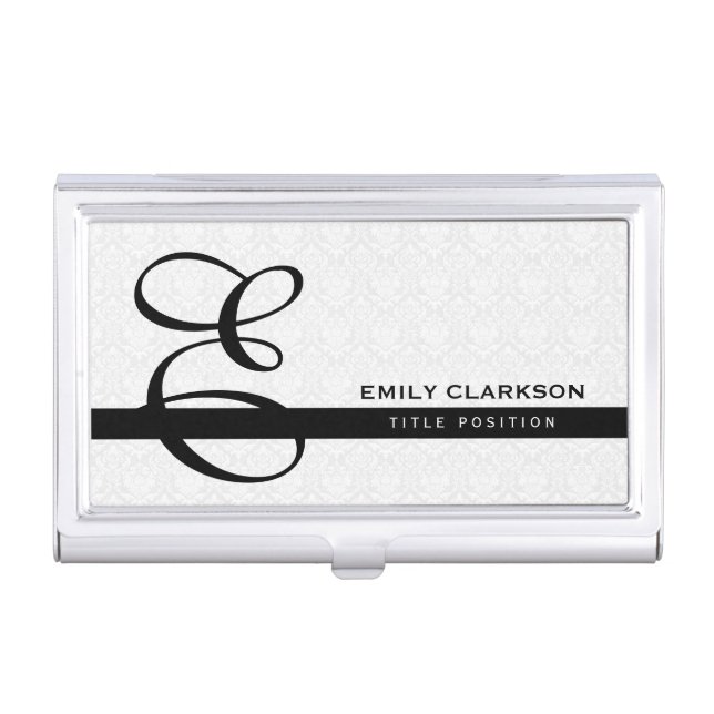Simple White Damask And Black Stripe Business Card Holder (Front)