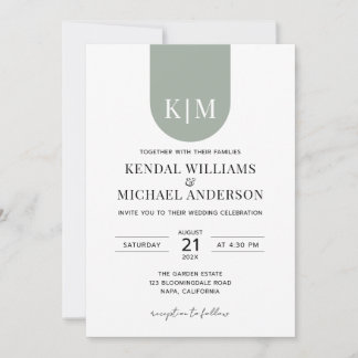 Simple white dusty green elegant monogram wedding invitation