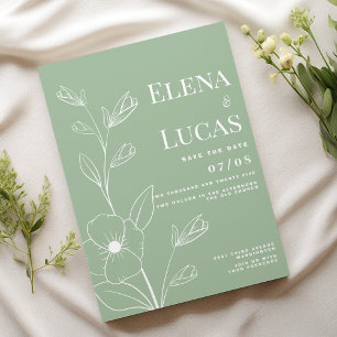 Simple white dusty mint flowers sketch wedding invitation