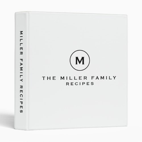 Simple White Family Recipe Monogram Medallion 3 Ring Binder