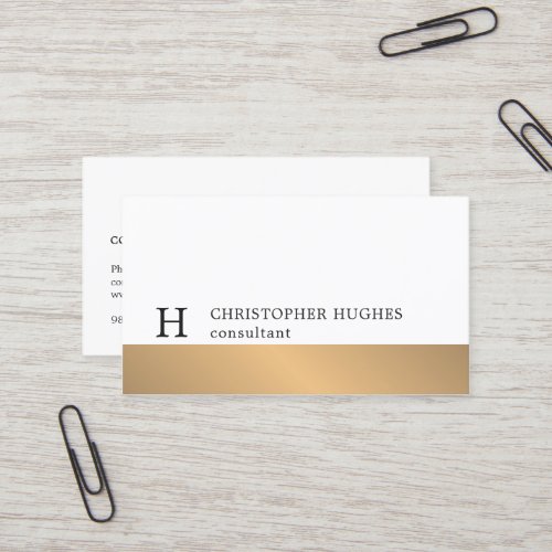 Simple White Faux Gold Stripe Monogram Consultant Business Card
