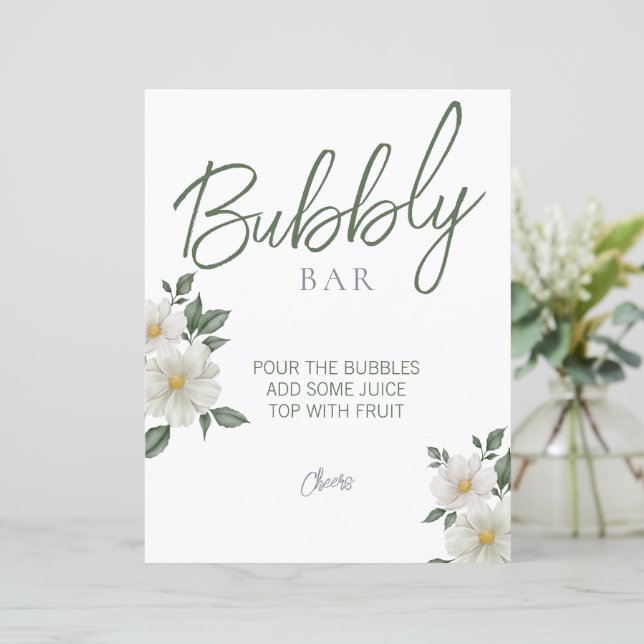Simple White Floral Bridal Shower Bubbly Bar Sign (Standing Front)