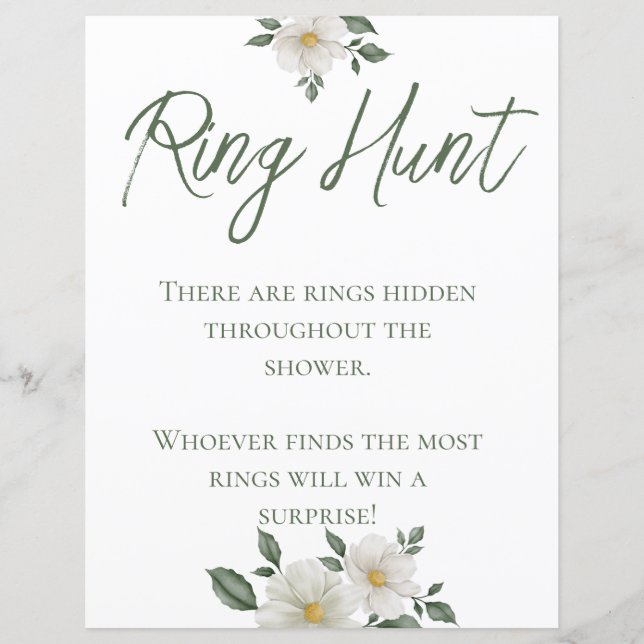 Simple White Floral Bridal Shower Ring Hunt Game (Front)