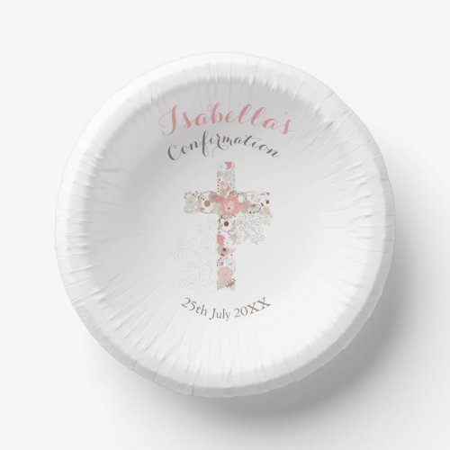 Simple white floral cross name girl confirmation paper bowls
