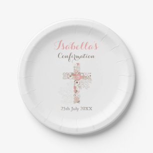 Simple white floral cross name girl confirmation paper plates