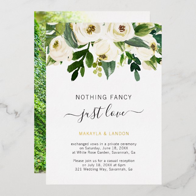Simple White Floral Gold Elegant Wedding Reception Foil Invitation (Front/Back)