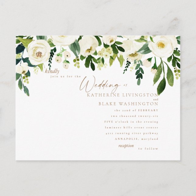 Simple White Floral & Gold Wedding Invitation (Front)