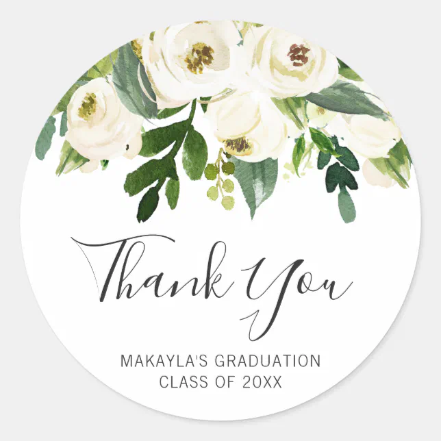 Simple White Floral Roses Elegant Graduation Classic Round Sticker | Zazzle