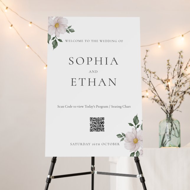Simple White Floral Welcome Sign QR Code (In Situ (Stand))