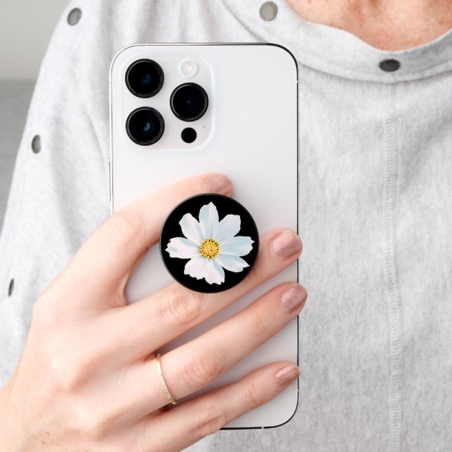 Simple White Flower Photo Phone Grip & popSocket.  (Hand)