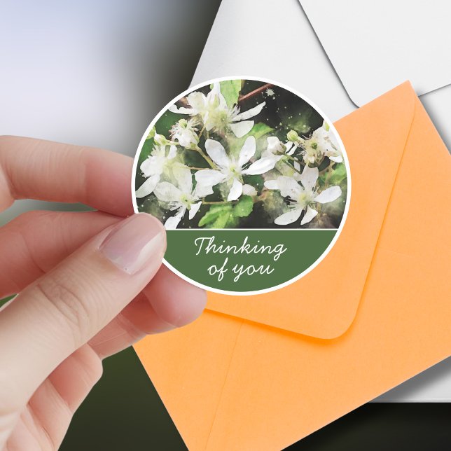 Simple White Flower Watercolor Thinking of You Classic Round Sticker (Life's moments can be unpredictable. Be prepared to support a friend through good times and bad.)