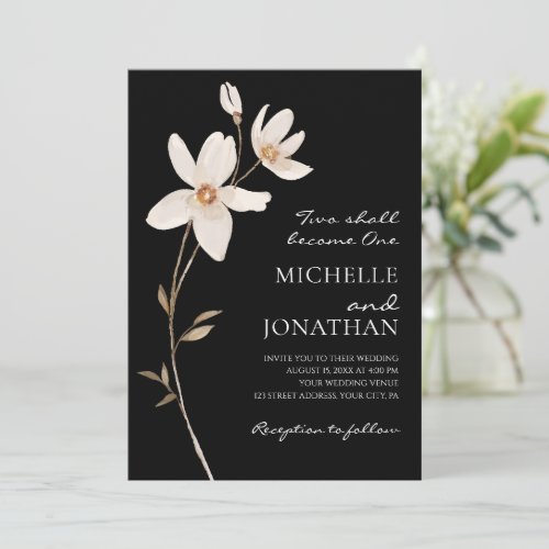 Simple White Flowers on Black Christian Wedding Invitation