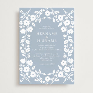 Simple White Folk Floral Dusty Blue Wedding Invitation