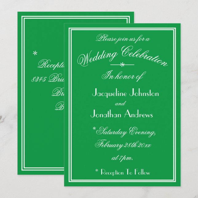 Simple White Font Details Emerald Green Wedding Invitation (Front/Back)