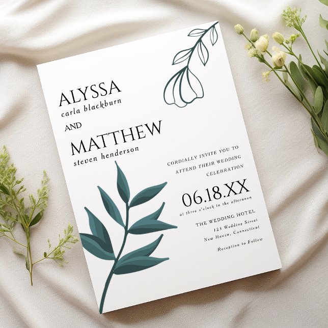 Simple white forest green foliage floral wedding  invitation (Simple white forest green foliage floral wedding)