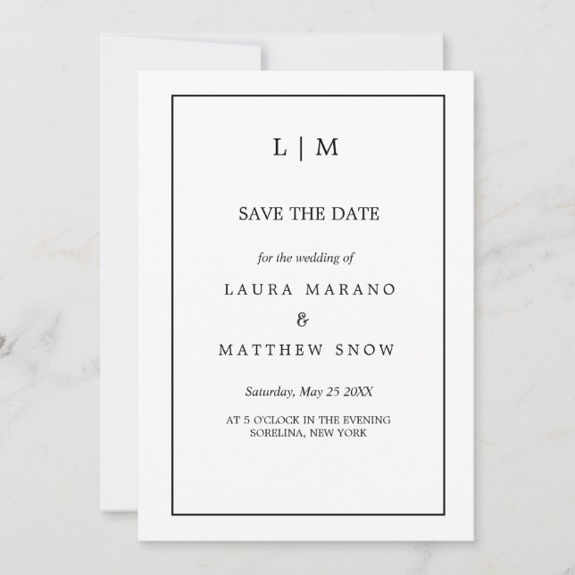 Simple White Formal Monogram Wedding  Save The Date (Front)