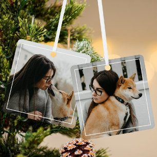 Simple White Frame with Custom Two Sided Pet Photo Metal Ornament