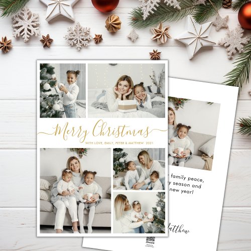 Simple White Gold 5 Photo Collage Christmas Holiday Card