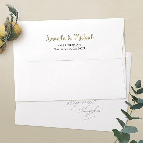 Simple White Gold 5 x 7 Return Address Wedding Envelope