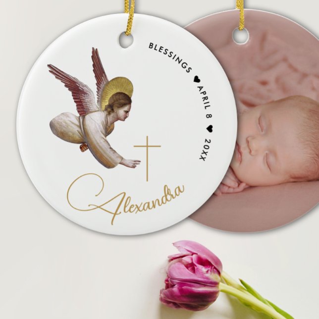 Simple White Gold Angel Bless Baptism Calligraphy Ceramic Ornament (Creator Uploaded)