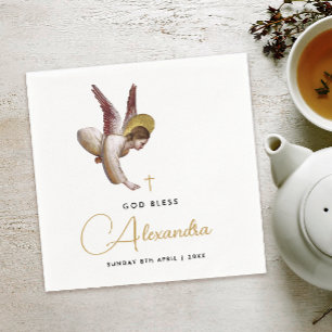 Simple White Gold Angel Bless Baptism Calligraphy Napkins