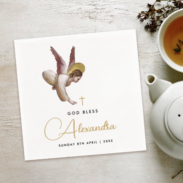 Simple White Gold Angel Bless Baptism Calligraphy Napkins (Creator Uploaded)