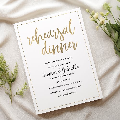 Simple white gold calligraphy Rehearsal Dinner  Invitation