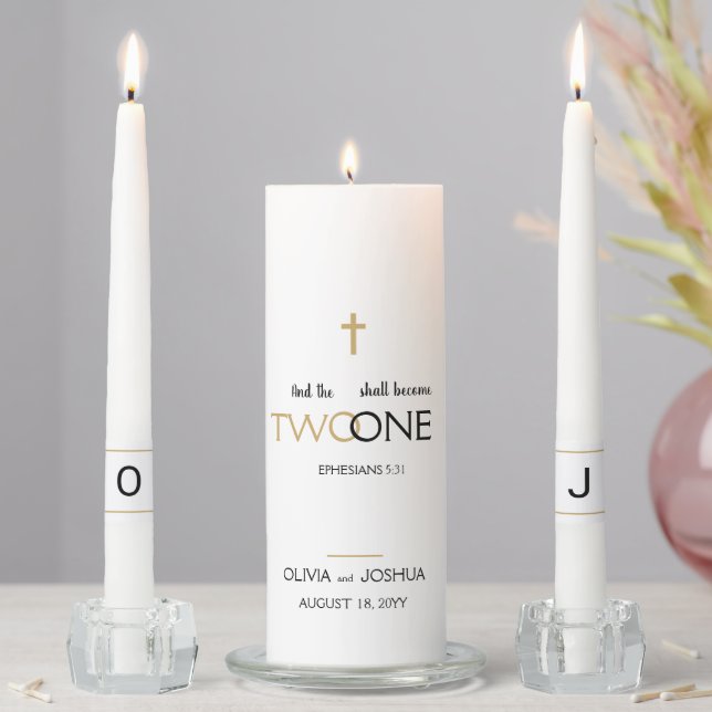 Simple White Gold Christian Bible Verse Wedding Unity Candle Set (In Situ)