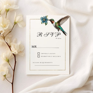 Simple white gold colorful hummingbird RSVP Invitation