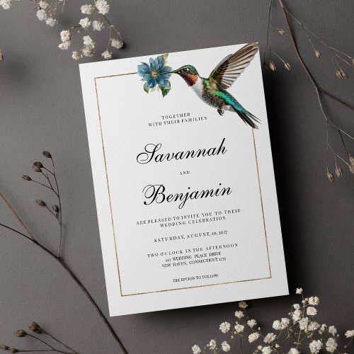  Simple white gold colorful hummingbird wedding Invitation