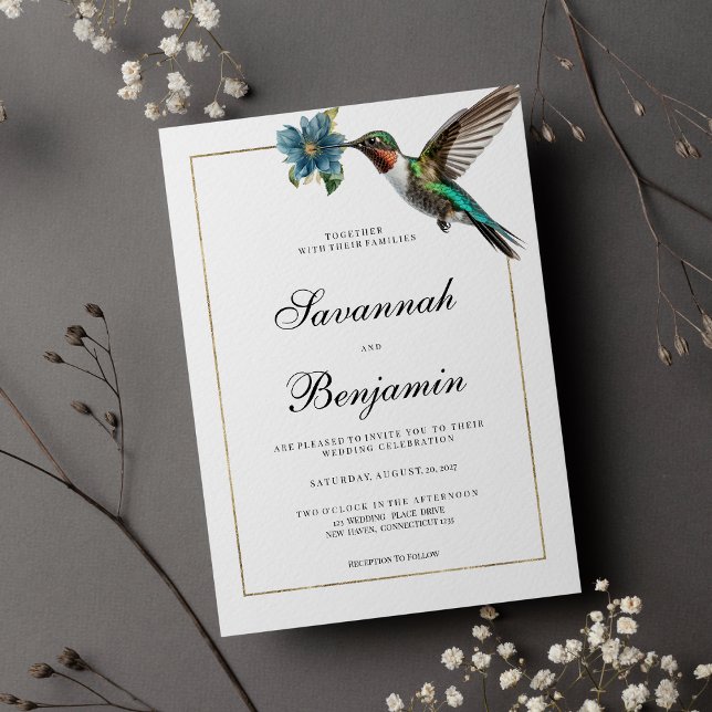  Simple white gold colorful hummingbird wedding Invitation (Simple white gold colorful hummingbird wedding)