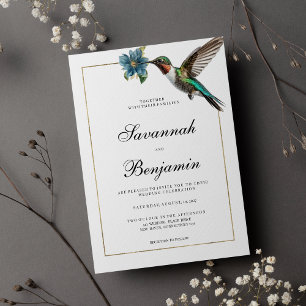  Simple white gold colorful hummingbird wedding Invitation