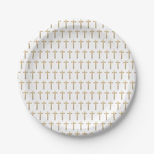 Simple white Gold Cross pattern Baby Baptism  Paper Plates