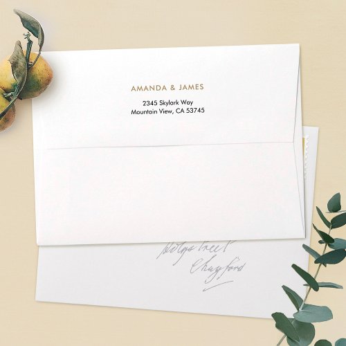 Simple White Gold Custom Wedding Return Address Envelope