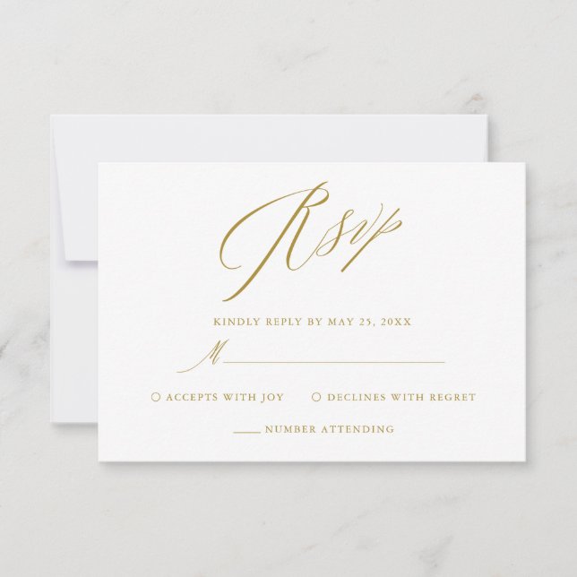 Simple White Gold Elegant Script Wedding RSVP Card (Front)