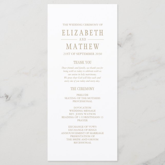 Simple White Gold Elegant Wedding Program (Front)