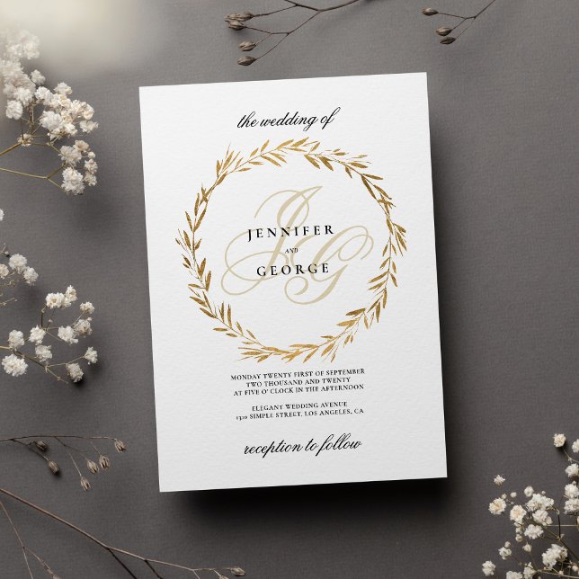 Simple white gold leaf monogram initials Wedding  Invitation (Simple white gold leaf monogram initials Wedding)