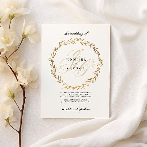 Simple white gold leaf monogram initials Wedding  Invitation