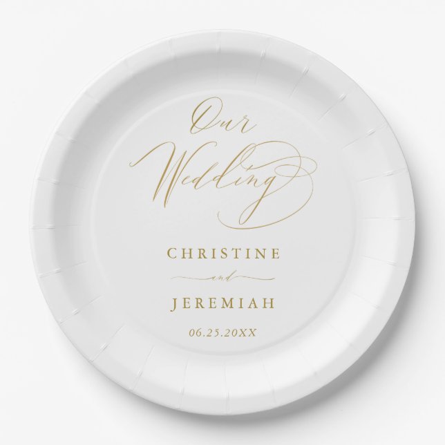 Simple White Gold Modern Script Wedding Paper Plates (Front)