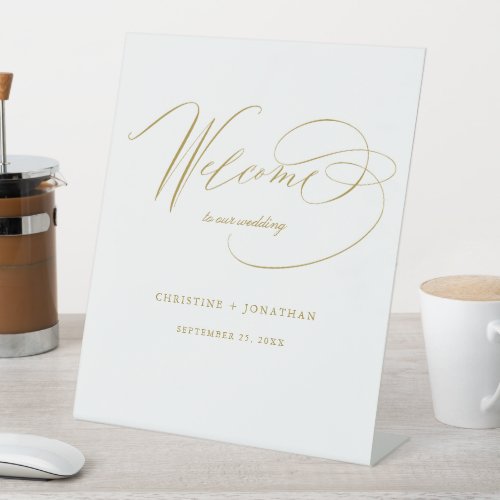 Simple White Gold Modern Script Wedding Welcome Pedestal Sign