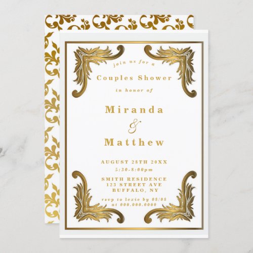 Simple White Gold Ornament Couples Shower Invites