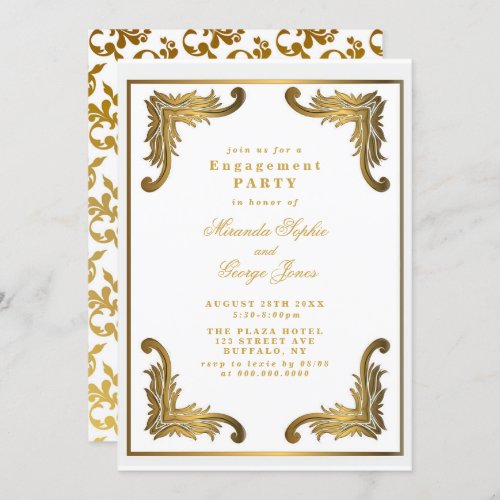 Simple White Gold Ornament Engagement Invitations