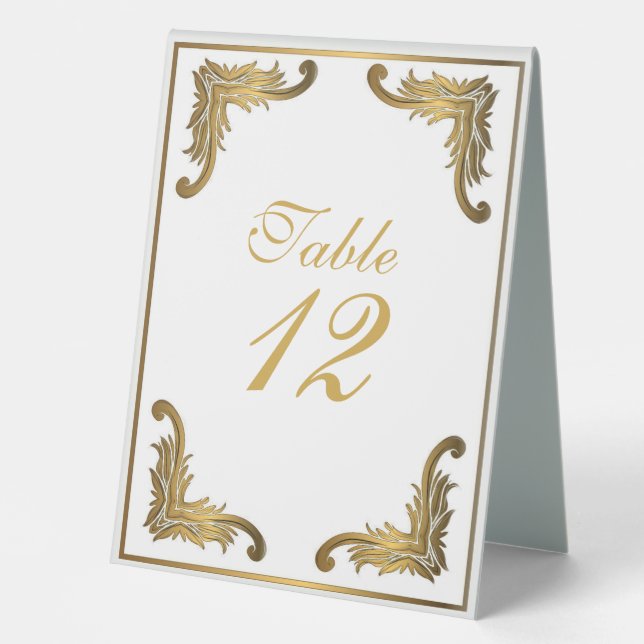 Simple White Gold Ornament Wedding Table Numbers Tent (Front)