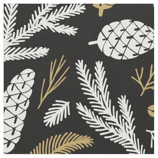 Simple White Gold Pine Cones Branches on Black Fabric