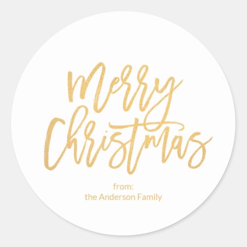 Simple White Gold Script Merry Christmas Classic Round Sticker