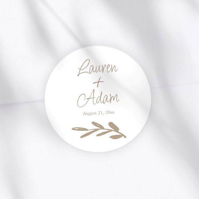 Simple White & Gold Script Wedding Classic Round Sticker (Creator Uploaded)