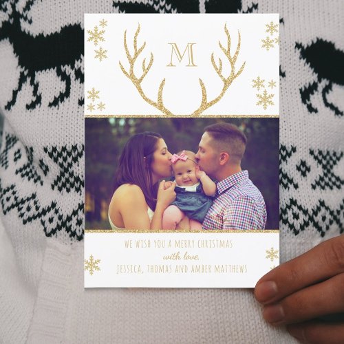 Simple White  Gold Snowflakes Christmas Photo Holiday Card