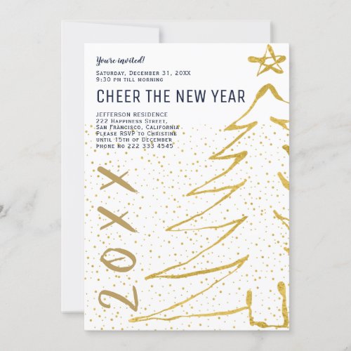 Simple white gold tree Cheer the New Year party Invitation