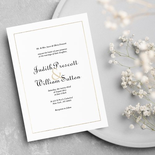 Simple white gold vintage calligraphy wedding invitation