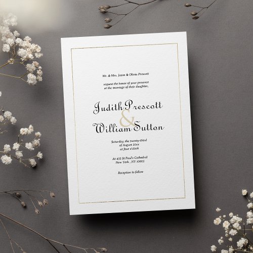 Simple white gold vintage calligraphy wedding invitation